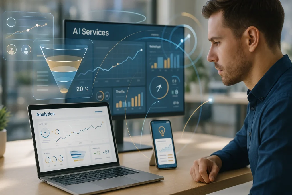 Man reviewing AI services analytics dashboard with performance metrics and data insights.