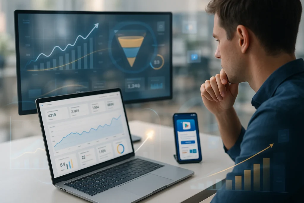 B2B SaaS analytics performance dashboard with growth trends shown on laptop and mobile devices.