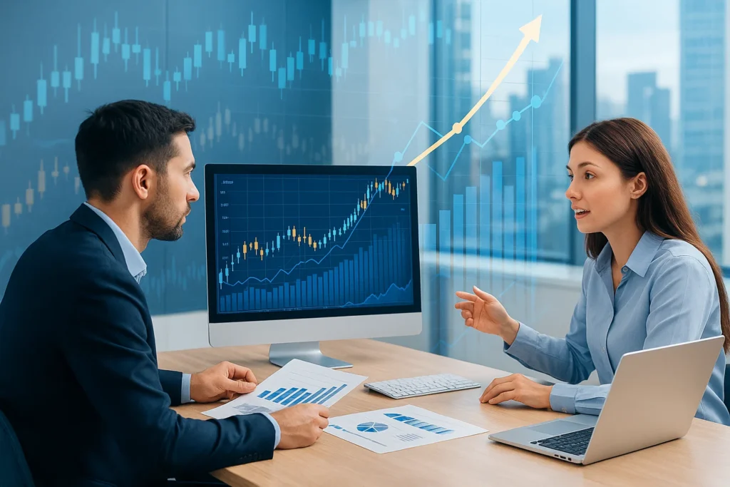 Forex analytics team discussing market growth charts and performance trends during a strategy meeting.