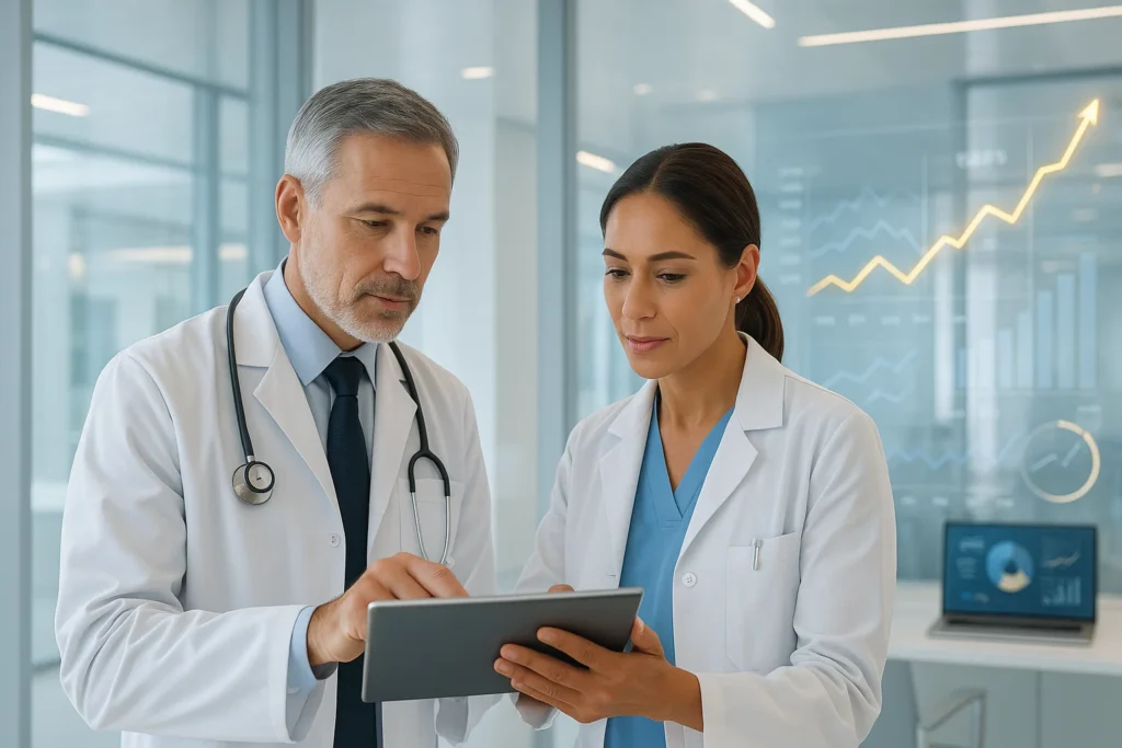 Doctors reviewing digital analytics on a tablet in a medical clinic.