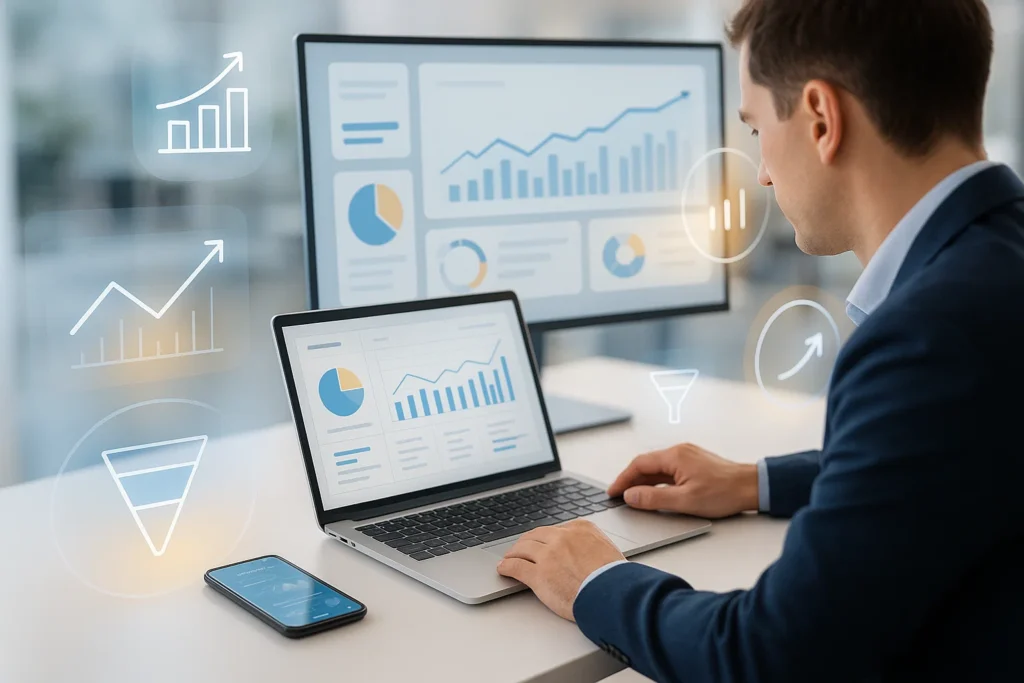 SEO analytics dashboard reporting with charts and traffic metrics on laptop and monitor
